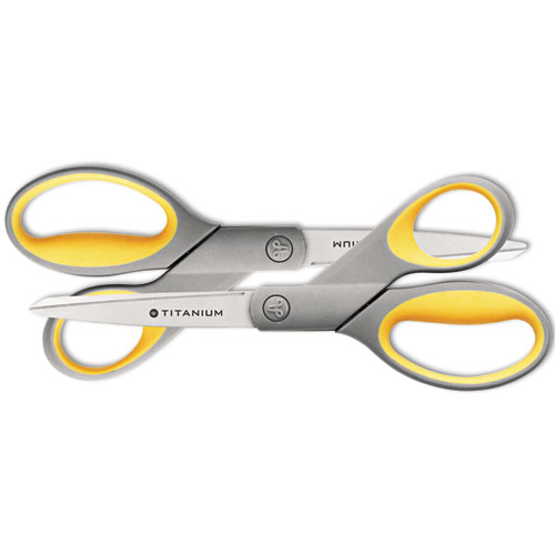 Image of Titanium Bonded Scissors, 8" Long, 3.5" Cut Length, Gray/Yellow Straight Handles, 2/Pack