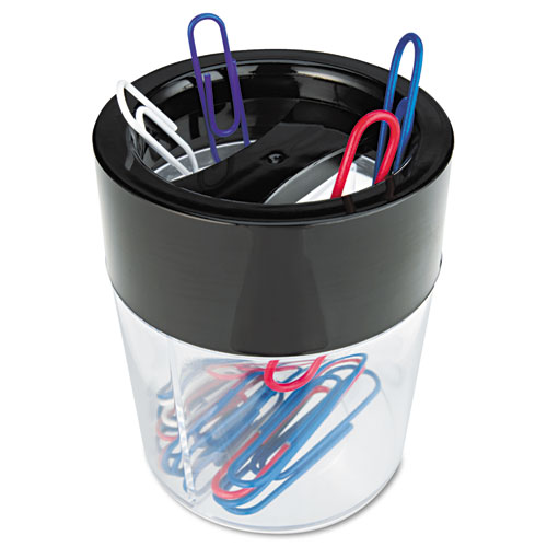 Image of Round Magnetic Clip Dispenser, 2 Compartments, Plastic, 2.5" Diameter x 3"h, Black/Clear