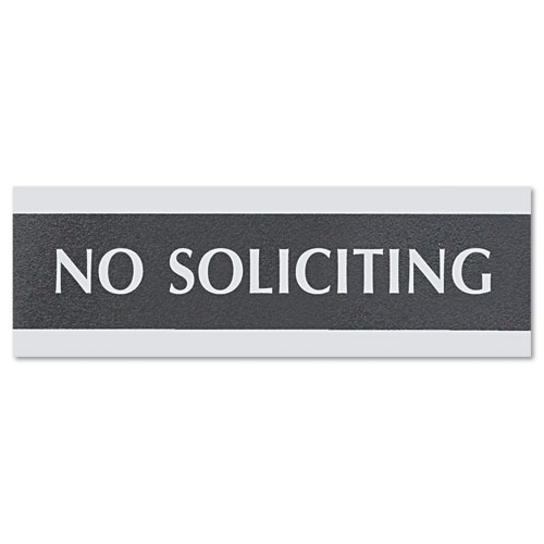 Headline® Sign Century Series Office Sign, NO SOLICITING, 9 x 3, Black/Silver