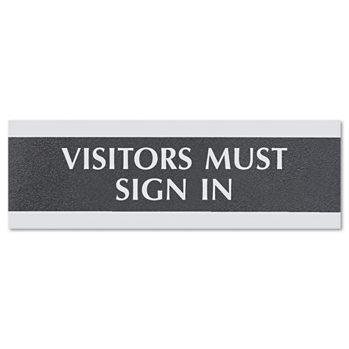 Century Series Office Sign, VISITORS MUST SIGN IN, 9 x 3, Black/Silver | by Plexsupply