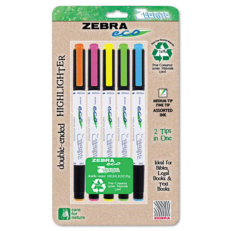 Picture of Eco Zebrite Double-Ended Highlighter, Chisel/Fine Point Tip, 5/Set