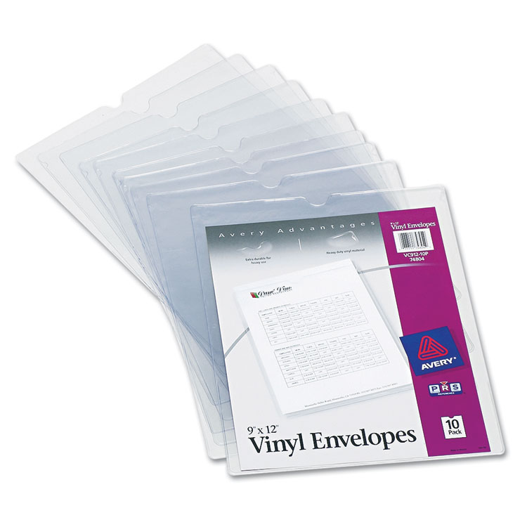 Picture of Top-Load Clear Vinyl Envelopes w/Thumb Notch, 9” x 12”, Clear, 10/Pack