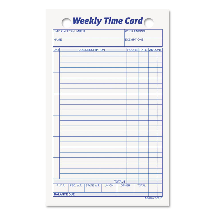 Picture of Employee Time Card, Weekly, 4 1/4 x 6 3/4, 100/Pack