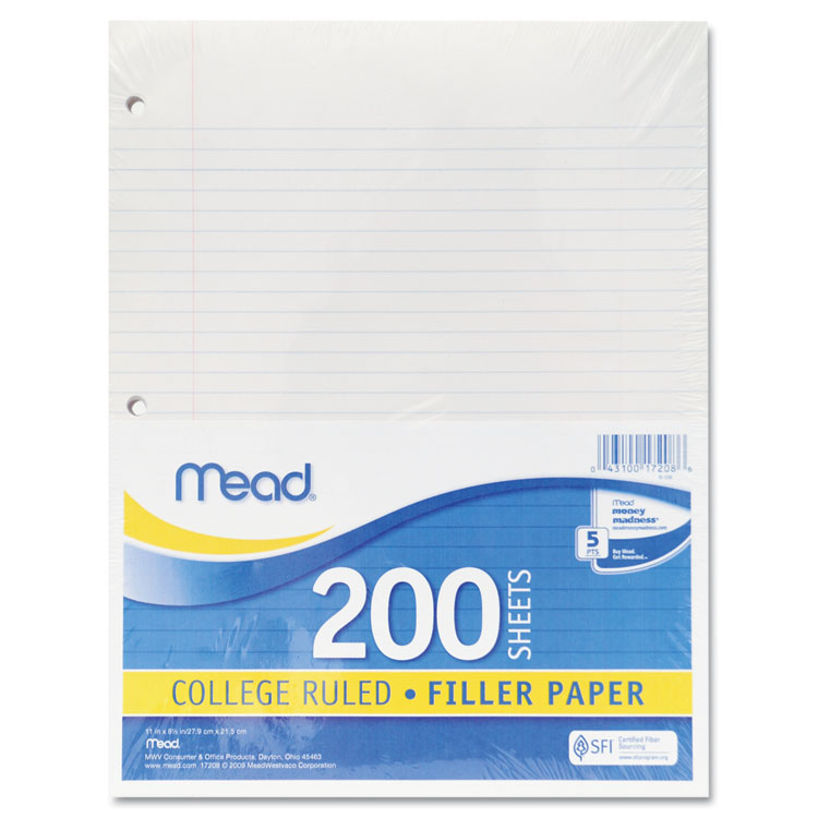 Picture of Filler Paper, 15lb, College Rule, 11 x 8 1/2, White, 200 Sheets