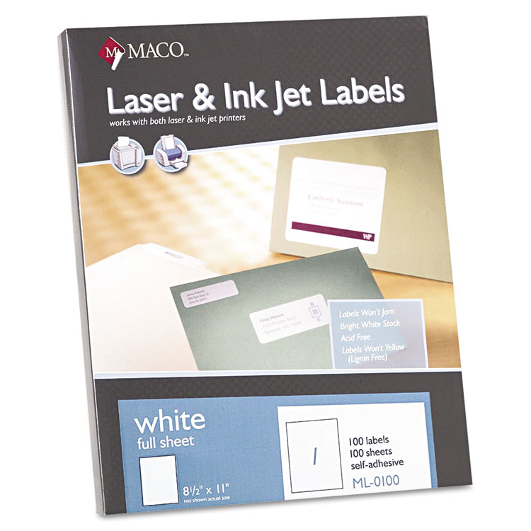 Picture of White Laser/Inkjet Full-Sheet Identification Labels, 8 1/2 x 11, White, 100/Box