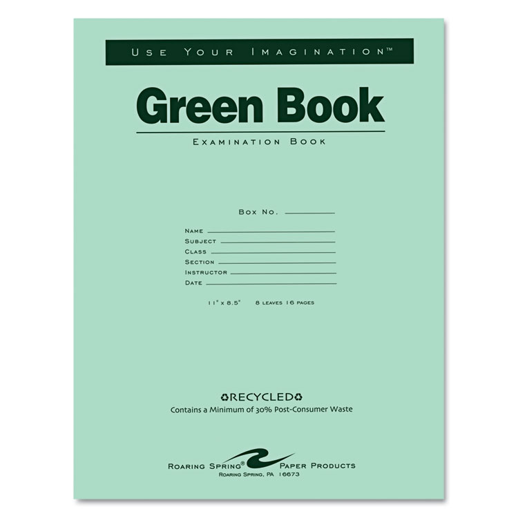 Picture of Green Books Exam Books, Stapled, Wide Rule,11 x 8 1/2, 8 Sheets/16 Pages