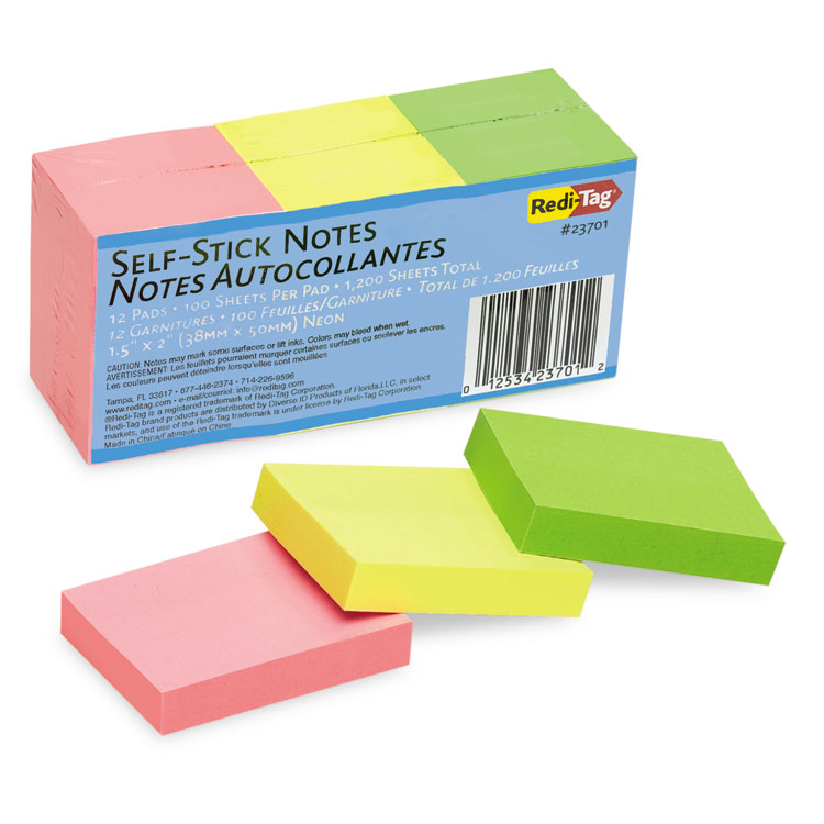 Picture of Self-Stick Notes, 1 1/2 x 2, Neon, 12 100-Sheet Pads/Pack