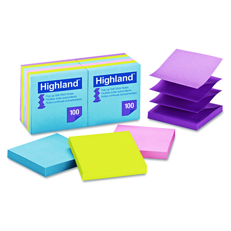 Picture of Self-Stick Pop-Up Notes, 3 x 3, Assorted Bright, 100-Sheet, 12/Pack