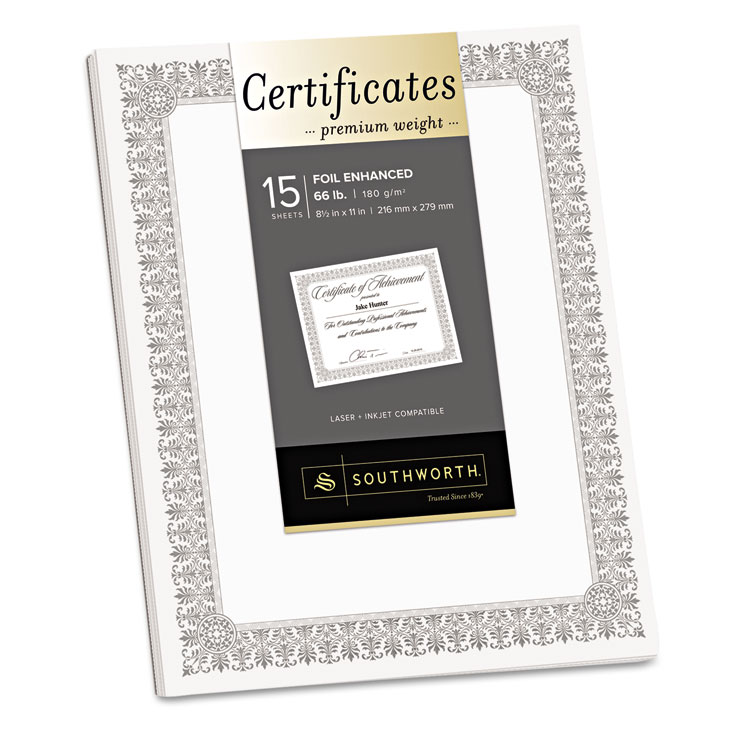Picture of Premium Certificates, White, Fleur Silver Foil Border, 66 lb, 8.5 x 11, 15/Pack