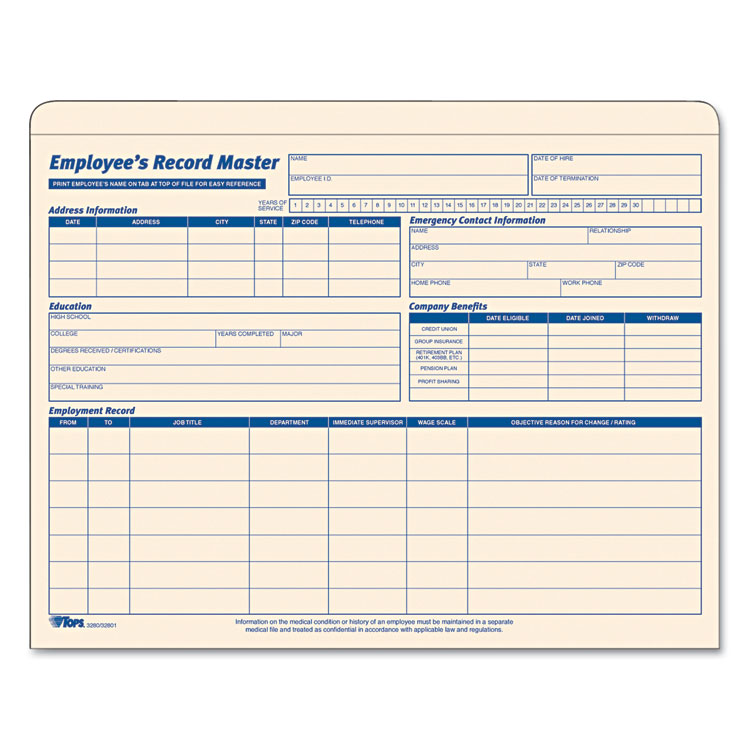 Picture of Employee Record Master File Jacket, 9 1/2 x 11 3/4, 10 Point Manila, 15/Pack