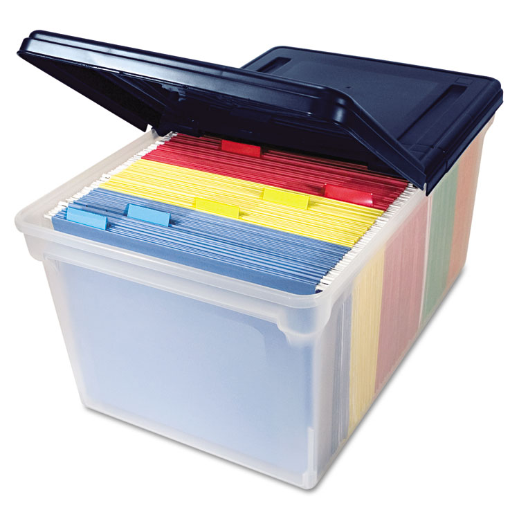 Storex 61511U01C Clear Plastic Portable Letter / Legal File Storage Box  with Organizer Lid - 14 1/2 x 10 1/2 x 12