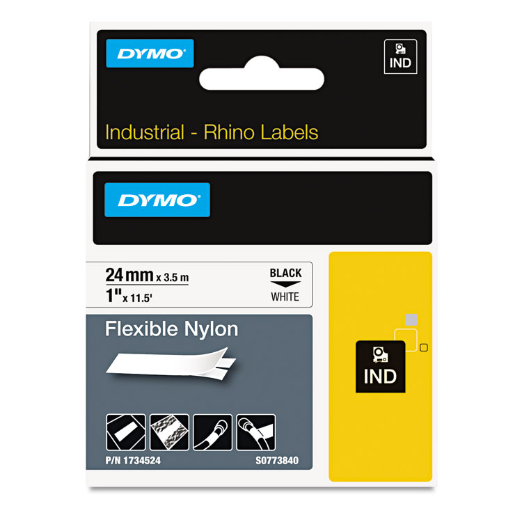 Picture of Rhino Flexible Nylon Industrial Label Tape, 1" x 11 1/2 ft, White/Black Print