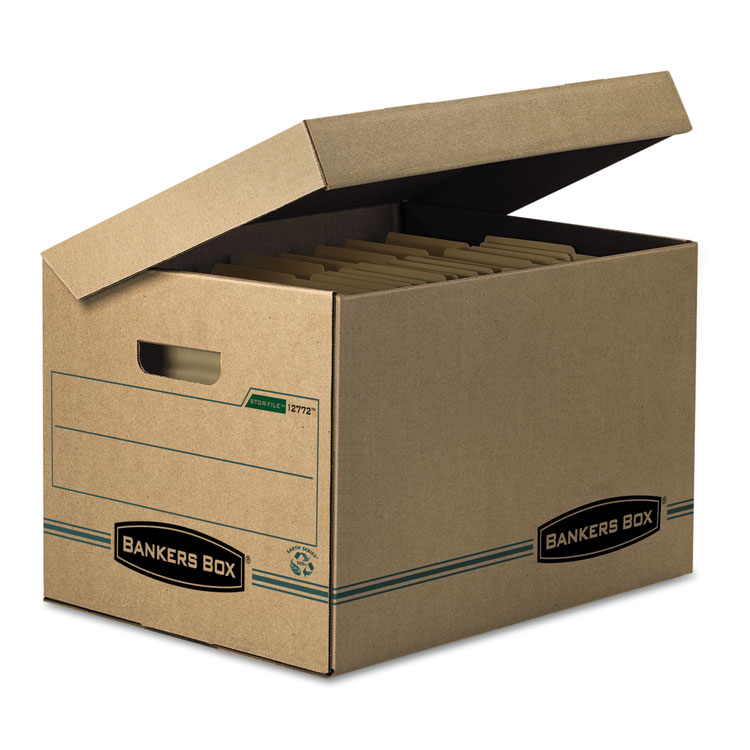 Picture of STOR/FILE Storage Box, Letter/Legal, Attached Lid, Kraft/Green, 12/Carton