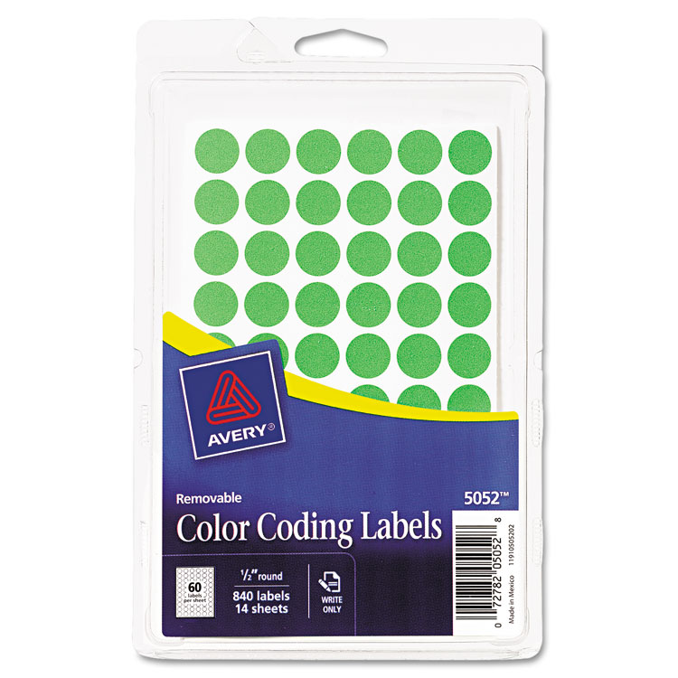 Picture of Handwrite Only Removable Round Color-Coding Labels, 1/2" dia, Neon Green, 840/PK