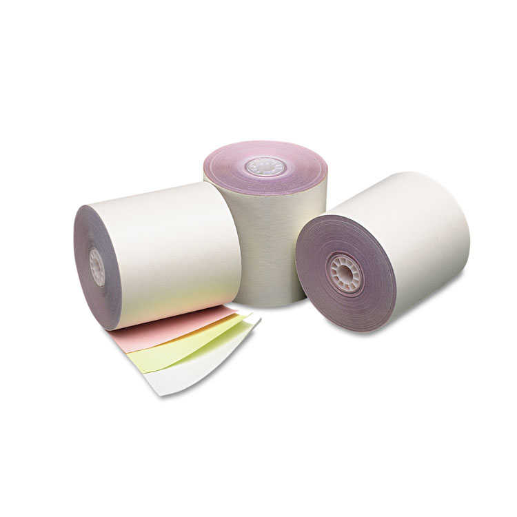Impact Printing Carbonless Paper Rolls, 3 x 70 ft, White/Canary/Pink, 50/Carton