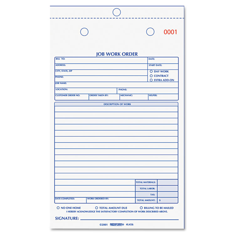 Picture of Job Work Order Book, 5 1/2 x 8 1/2, Two Part Carbonless, 50/Book