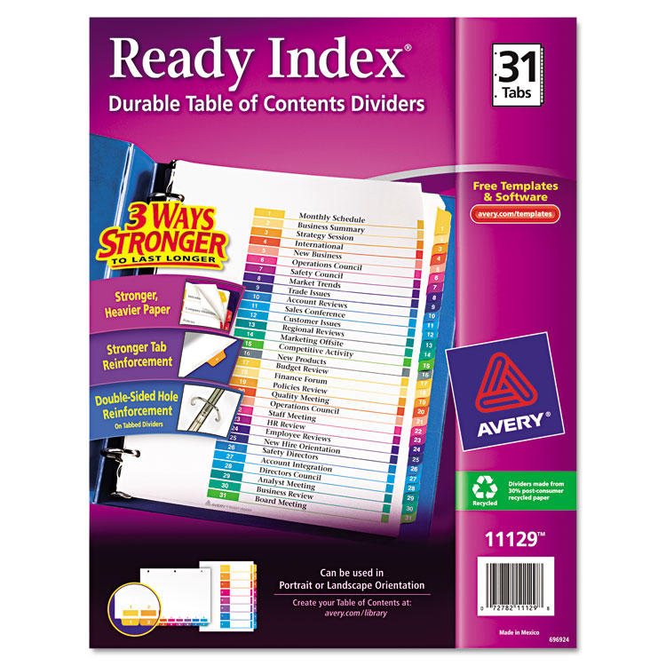 Picture of Ready Index Customizable Table of Contents Multicolor Dividers, 31-Tab, Letter