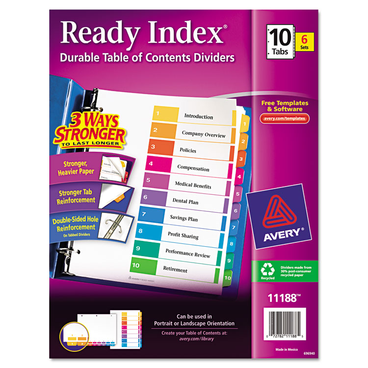 Picture of Ready Index Customizable Table of Contents, Asst Dividers, 10-Tab, Ltr, 6 Sets