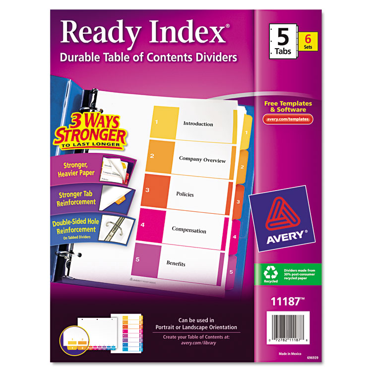 Picture of Ready Index Customizable Table of Contents, Asst Dividers, 5-Tab, Ltr, 6 Sets
