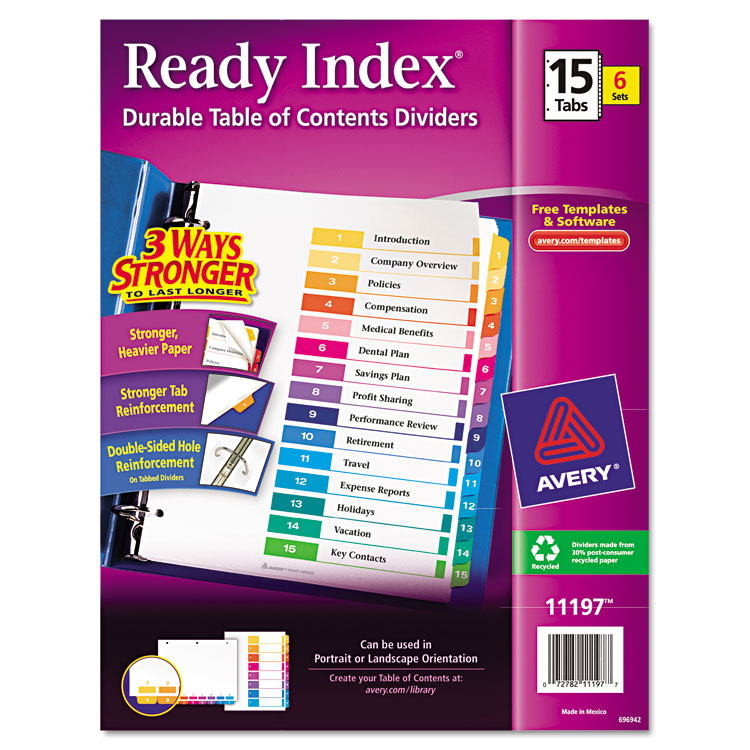 Picture of Ready Index Customizable Table of Contents, Asst Dividers, 15-Tab, Ltr, 6 Sets