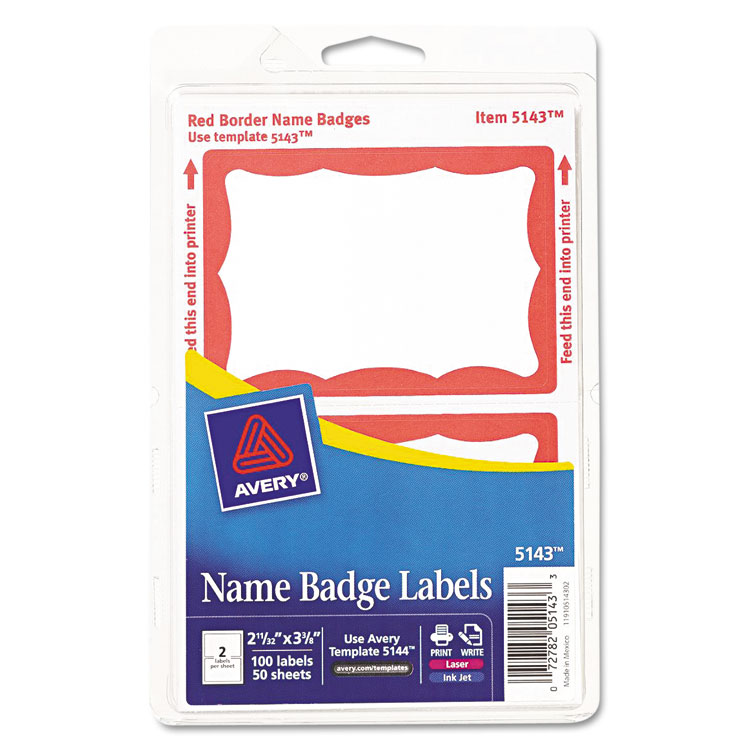 Picture of Printable Self-Adhesive Name Badges, 2-11/32 x 3-3/8, Red Border, 100/Pack