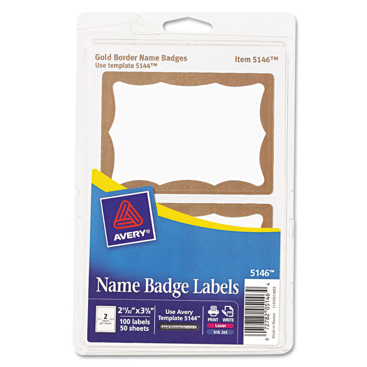 Picture of Printable Self-Adhesive Name Badges, 2-11/32 x 3-3/8, Gold Border, 100/Pack
