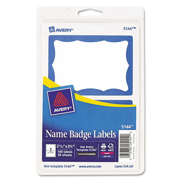 Picture of Printable Self-Adhesive Name Badges, 2-11/32 x 3-3/8, Blue Border, 100/Pack