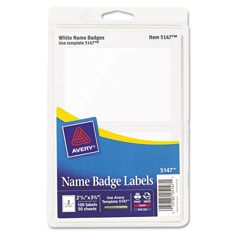Picture of Printable Self-Adhesive Name Badges, 2-11/32 x 3-3/8, White, 100/Pack