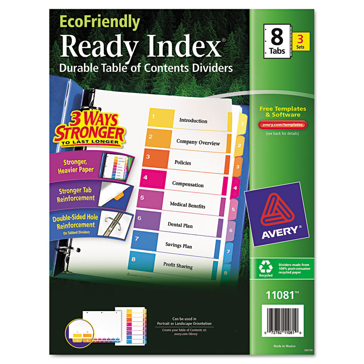 Picture of Ready Index Customizable Table of Contents, Asst Dividers, 8-Tab, Ltr, 3 Sets