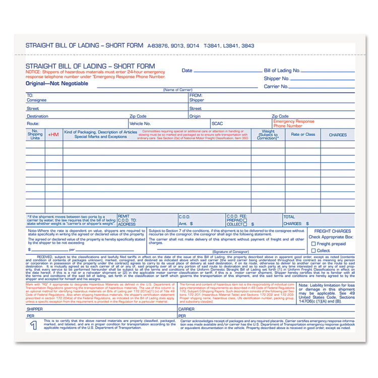 Picture of Hazardous Material Short Form, 7 x 8 1/2, Three-Part Carbonless, 250 Forms
