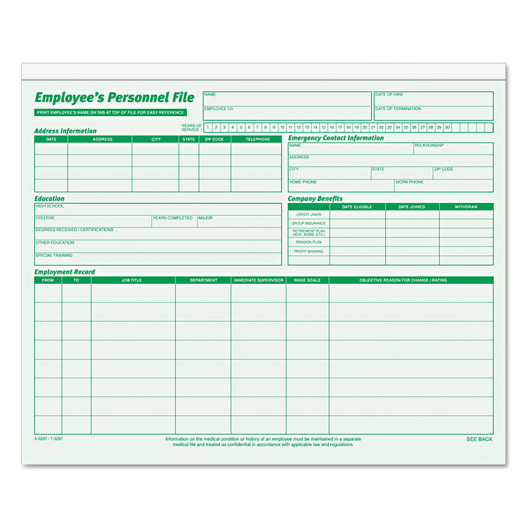 Picture of Employee Record File Folders, Straight Cut, Letter, 2-Sided, Green Ink, 20/Pack