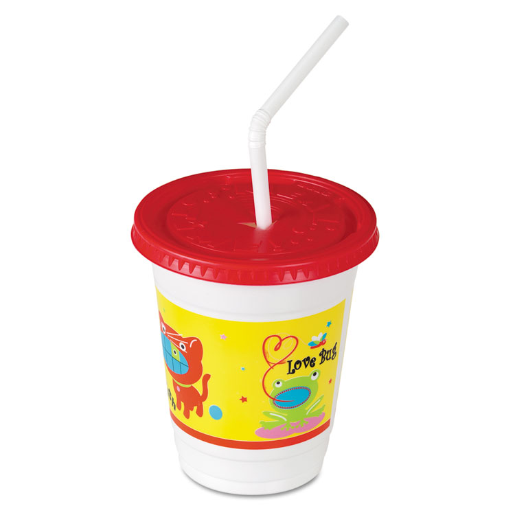 Plastic Kids' Cups with Lids/Straws, 12 oz., Critter Print, 250/CT