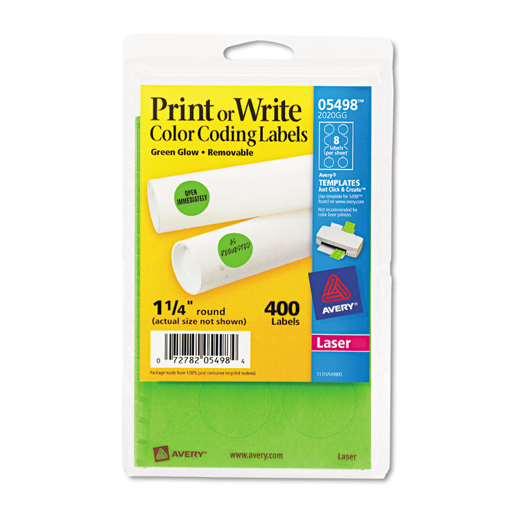 Picture of Printable Removable Color-Coding Labels, 1 1/4" dia, Neon Green, 400/Pack