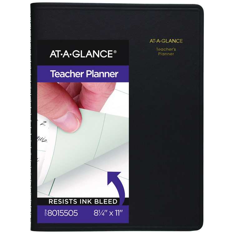 Undated Teacher's Planner, Weekly, 9 Classes, Black Cover, 10.88 x 8.25 Sheets, 12-Month (July to June)