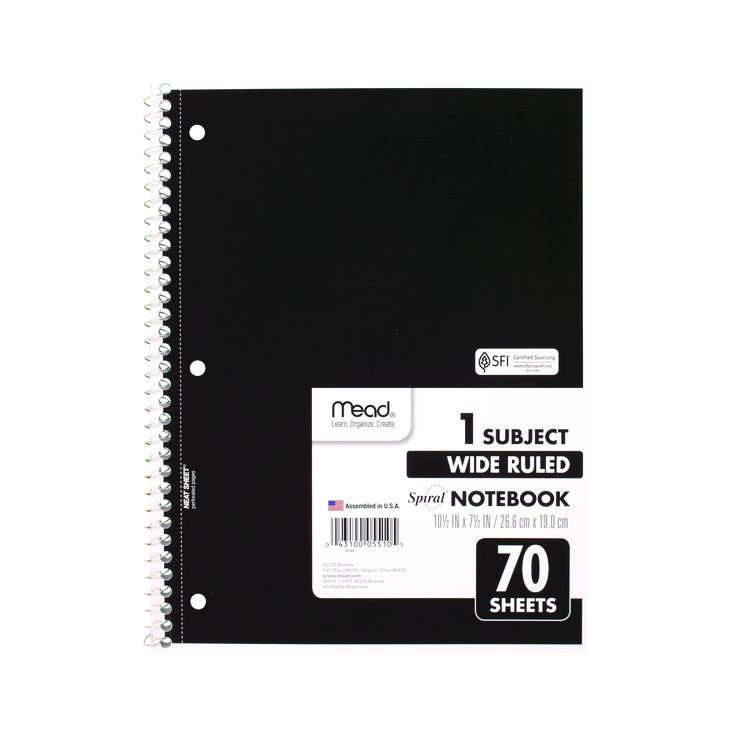 Spiral Notebook, One-Subject, Wide/Legal Rule, Randomly Assorted Cover Color, (70) 10.5" x 7.5" Sheets