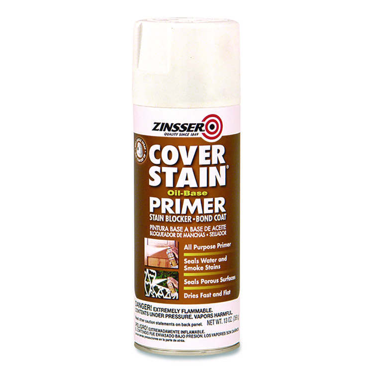 Zinsser® Cover Stain Oil-Based Spray Primer, Interior/Exterior, Flat White, 13 oz Aerosol Can, 6/Carton