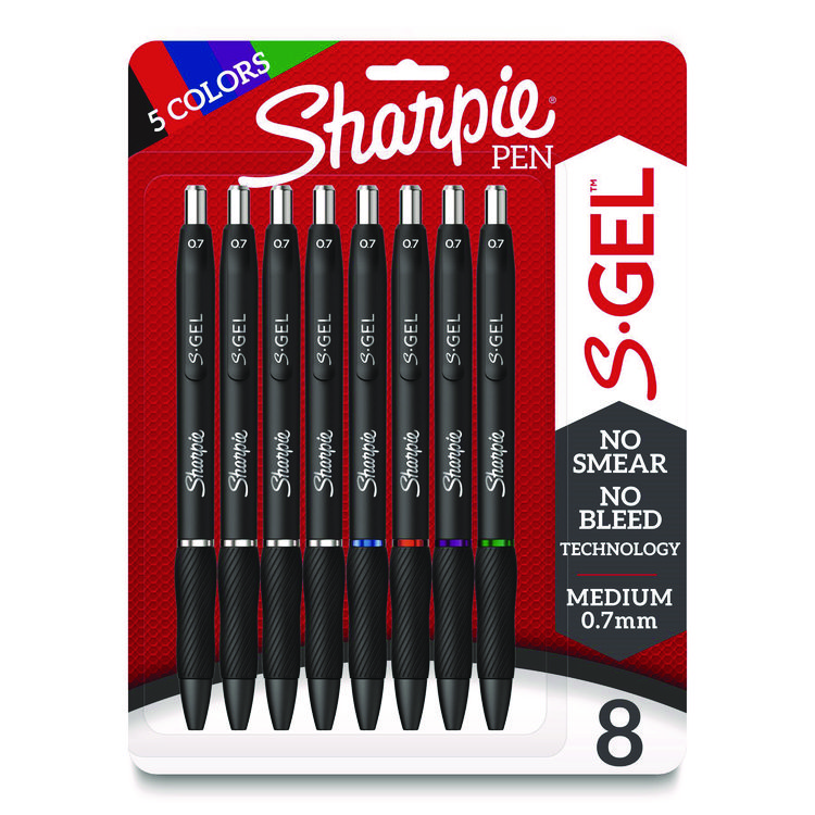 S-Gel High-Performance Gel Pens, Retractable, Medium 0.7 mm, Assorted Ink Colors, Black Barrel, 8/Pack
