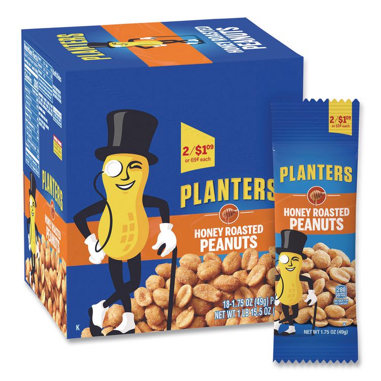 Planters® Honey Roasted Peanuts, 1.75 oz Tube, 18/Box, Free Delivery in 1-4 Business Days