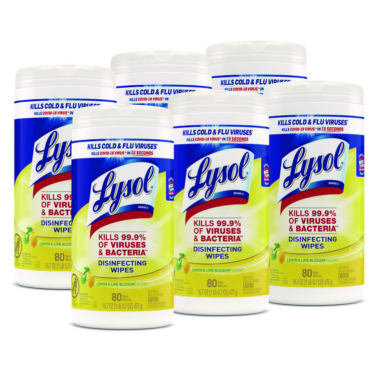 Disinfecting Wipes, 1 Ply, 7 x 7.25, Lemon and Lime Blossom, White, 80 Wipes/Canister, 6 Canisters/Carton