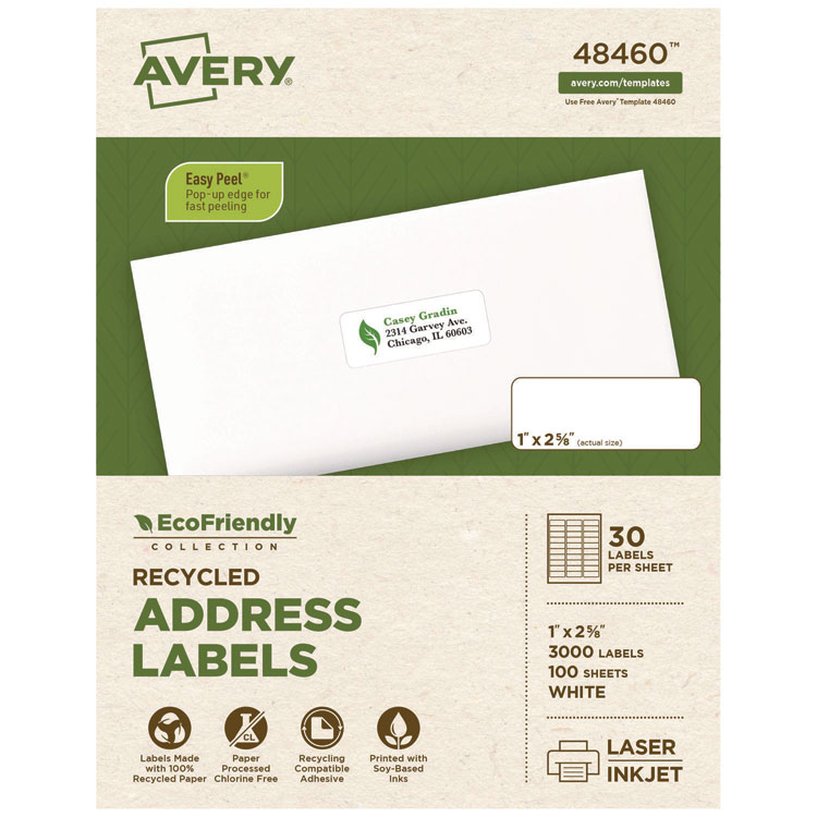 Ecofriendly Mailing Labels, Inkjet/laser Printers, 1 X 2.63, White, 30/sheet, 100 Sheets/pack