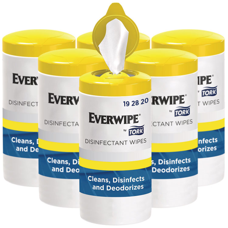 Everwipe by Tork Disinfectant Wipe Canisters, 1-Ply, 7 x 7, Lemon, White, 75 Sheets/Canister, 6/Carton