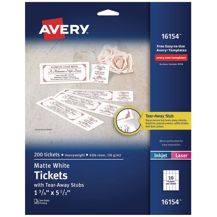 Printable Tickets w/Tear-Away Stubs, 97 Bright, 65 lb Cover Weight, 8.5 x 11, White, 10 Tickets/Sheet, 20 Sheets/Pack