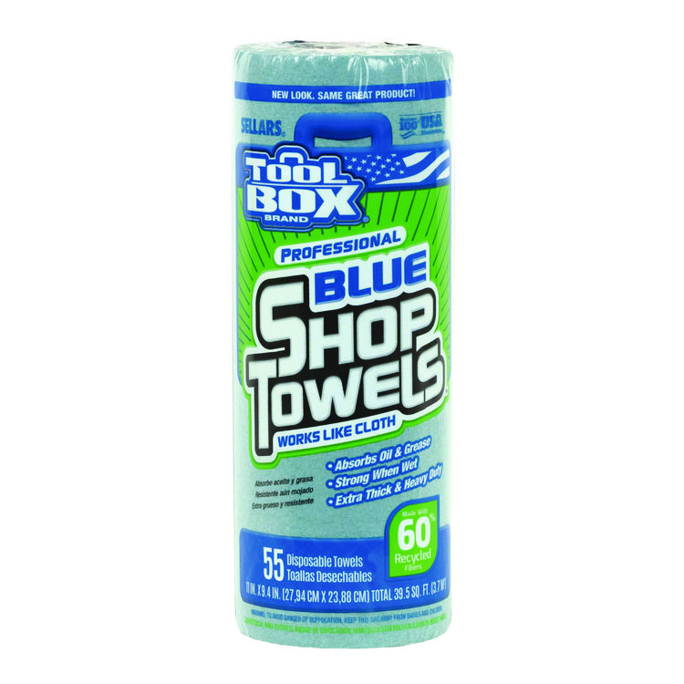 TOOLBOX Blue Shop Towels, 1-Ply, 11 x 9.4, Blue, 55 Sheets/Roll, 30 Rolls/Carton
