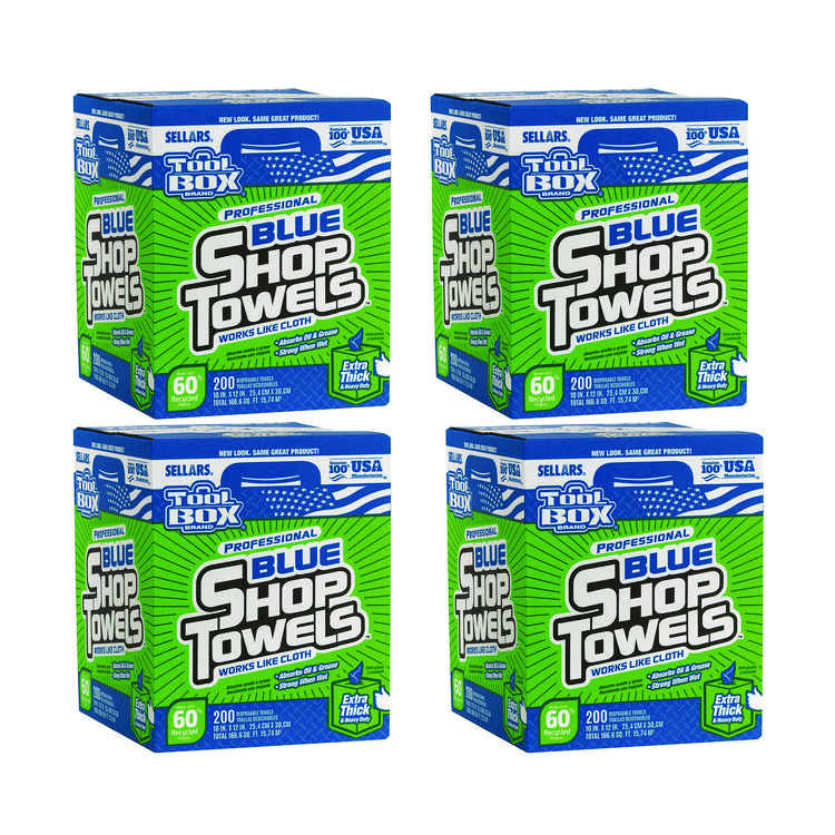 TOOLBOX Blue Shop Towels, 1-Ply, 10 x 12, Blue, 200 Sheets/Box, 4 Boxes/Carton