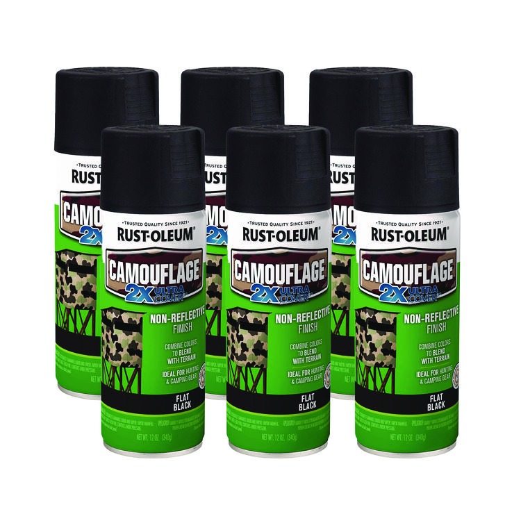 Camouflage Spray Paint, Flat Black, 12 oz Aerosol Can, 6/Carton