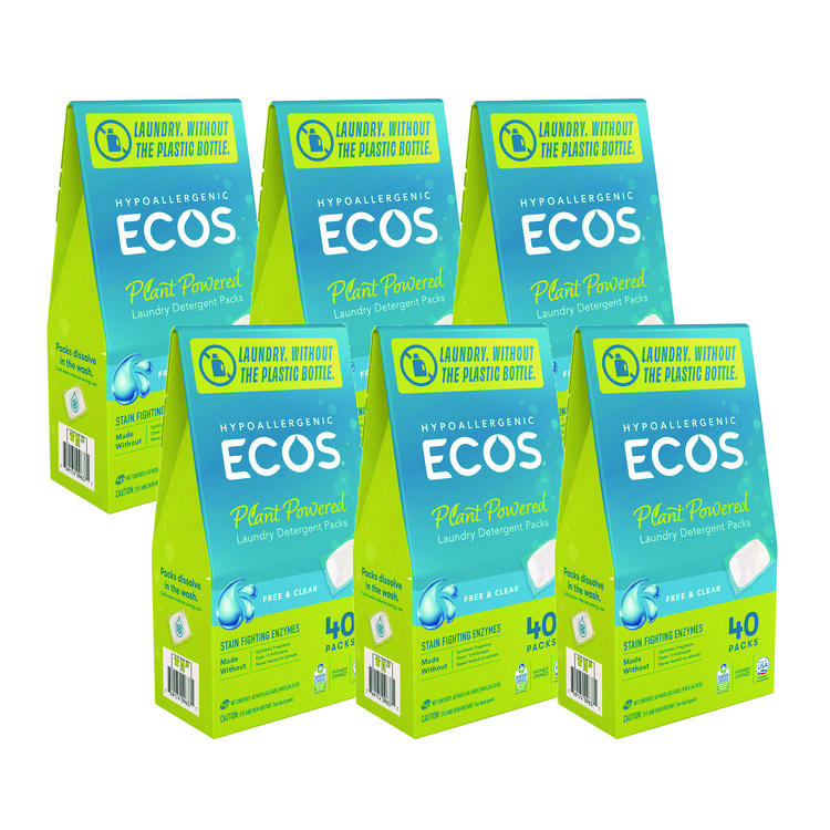 ECOS® PRO Laundry Detergent Packs, Free and Clear, 40 Pods/Pack, 6 Packs/Carton