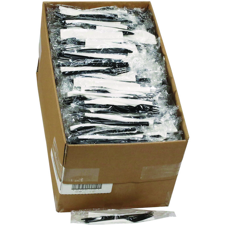 Pactiv Evergreen Gardenware Cutlery, Individually Wrapped, Fork, Knife, Napkin, Black, 500/Carton