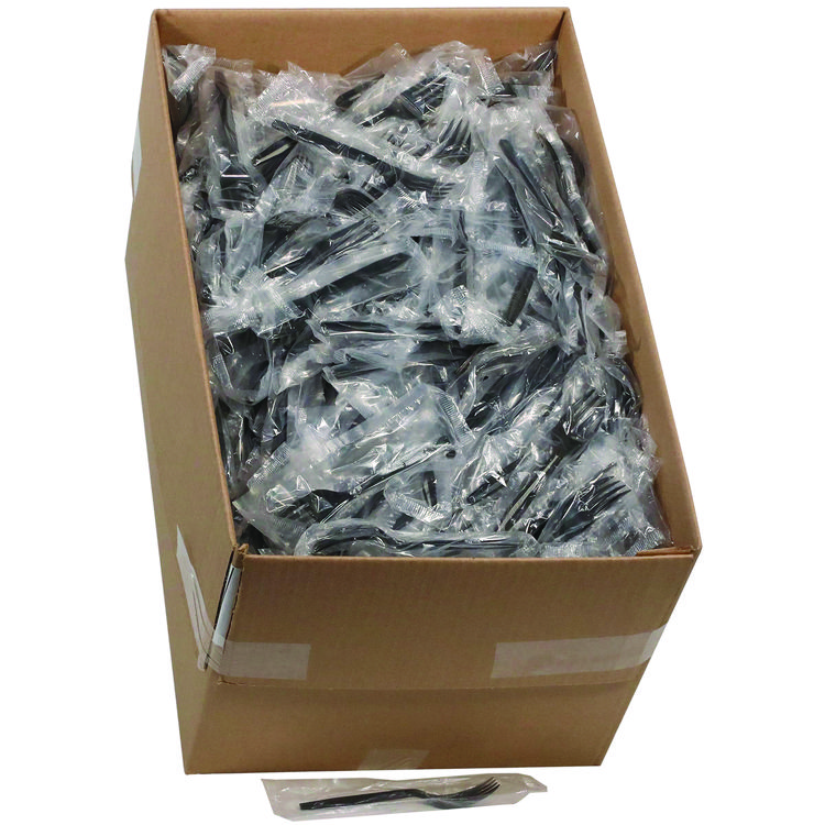 Pactiv Evergreen Meadoware Cutlery, Individually Wrapped, Fork, Black, 1,000/Carton