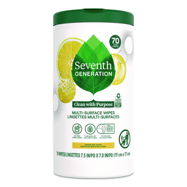 Seventh Generation® Multi-Surface Wipes, 7 x 7, Lemon Zest, White, 70 Wipes/Canister, 6/Carton