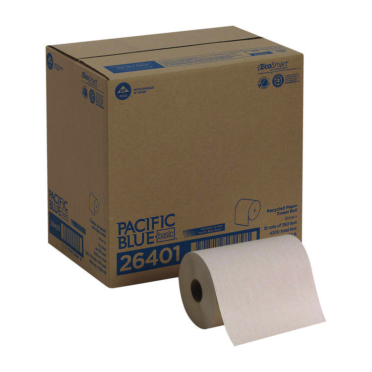 Pacific Blue Basic Recycled Paper Towel Roll, 1-Ply, 7.88 x 350 ft, Brown, 12 Rolls/Carton